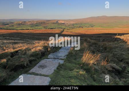 View from a footpath on Penygent, a mountain in the Yorkshire Dales National Park. The summit of Ingleborough can be seen in the distance. Stock Photo