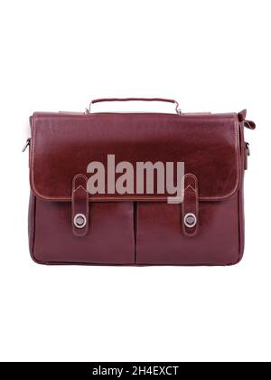 Leather briefcase from brown leather isolated on white background. Business briefcase front view. Stock Photo