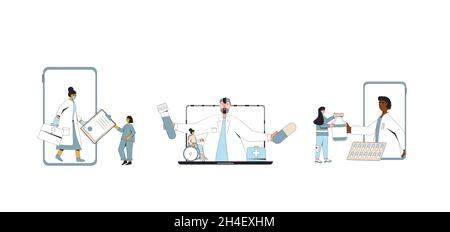 Online medical consultation set. Telemedicine. Doctor distant advise. Health care by internet. Healthcare services. Vector line art illustration. Stock Vector