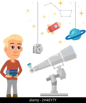 Boy studying astronomy. Kid with telescope and star models Stock Vector