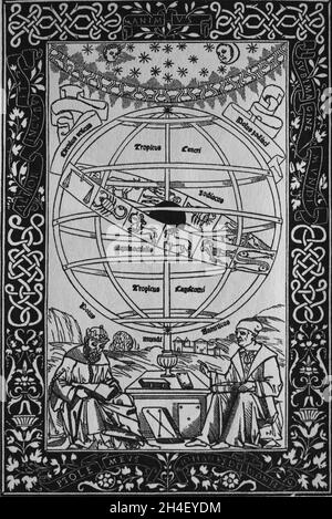 Ptolomy's Systems explained by Johann Müller, called Regiomontanus (right). Engraving, 1543. Stock Photo