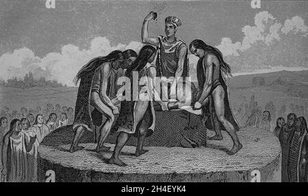 Pre-columbian era. Human sacrifice of the ancient Mexicans. Engraving, 19th century. Stock Photo