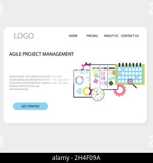 Agile project management landing page website. Illustration of methodology organization business, kanban strategy, process develop software, managemen Stock Vector