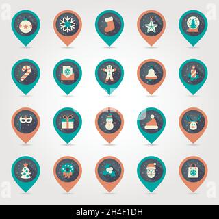 Christmas flat pin map icon set. Map pointer. Map markers. Vector illustration EPS10. Holiday objects collection. Vector illustration Stock Vector