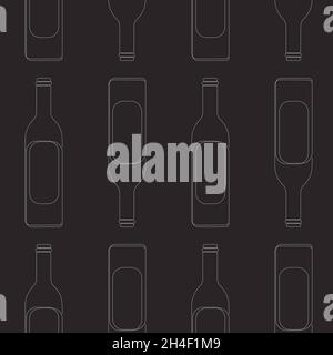 Seamless pattern of bottle of wine. White bottles on black background. Design element for tasting, menu, wine list, winery, shop. Vector one line styl Stock Vector