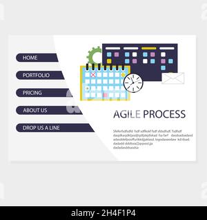 Agile process in business landing page vector organization kanban system, task integration and planning, development project using agile service and s Stock Vector