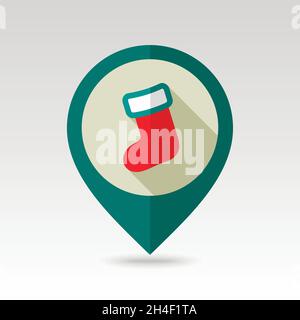 Christmas socks flat pin map icon. Map pointer. Map markers. Vector illustration EPS10 Stock Vector