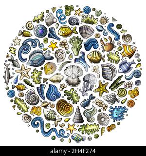 Colorful vector hand drawn set of Sealife cartoon doodle objects, symbols and items. Round composition Stock Vector