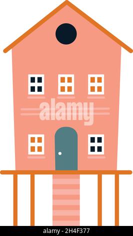 Cute pink house with stairscase. Cozy tiny building Stock Vector