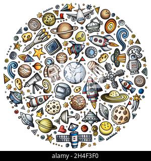 Colorful vector hand drawn set of Spacel cartoon doodle objects, symbols and items. Round composition Stock Vector