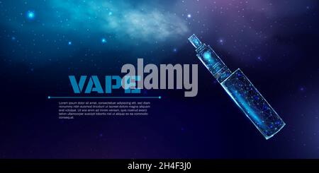 Vaping pen device kit and mod wireframe. Poster template with glowing low poly vaping box. Futuristic modern abstract. Isolated on dark blue backgroun Stock Vector
