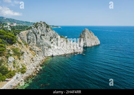Aerial view of Rock Diva. Beautiful black sea shore landscape with mountain cliff, main nature landmark in Crimean Simeiz on vacation Stock Photo
