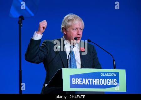 Glasgow, Scotland, UK. 2nd November 2021.  World leaders make climate change speeches at COP26 in Glasgow. They spoke during the World Leaders' Summit 'Accelerating Clean Technology Innovation and Deployment' session on day 3 of the conference. Pic; Prime minister Boris Johnson makes his speech.  Iain Masterton/Alamy Live News. Stock Photo