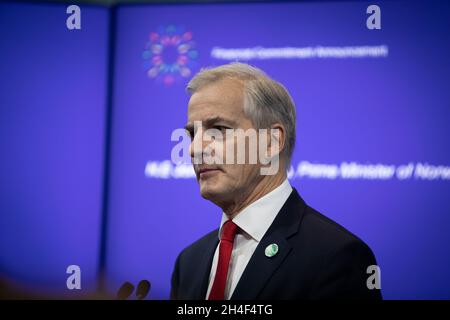 Glasgow, UK. Jonas Gahr Støre, Prime Minister of Norway, speaking at a Nordic Countries meeting, at the 26th UN Climate Change Conference, known as COP26, in Glasgow, Scotland, on 2 November 2021. Photo: Jeremy Sutton-Hibbert/Alamy Live News, Stock Photo