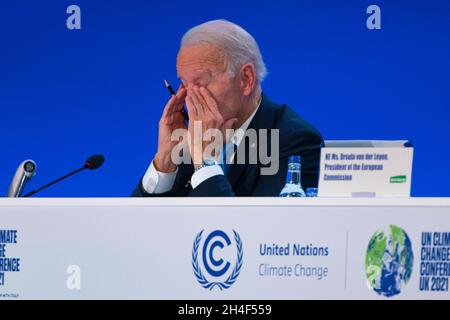 Glasgow, Scotland, UK. 2nd November 2021.  World leaders make climate change speeches at COP26 in Glasgow. They spoke during the World Leaders' Summit 'Accelerating Clean Technology Innovation and Deployment' session on day 3 of the conference. Pic; Joe Biden looking tired.  Iain Masterton/Alamy Live News. Stock Photo