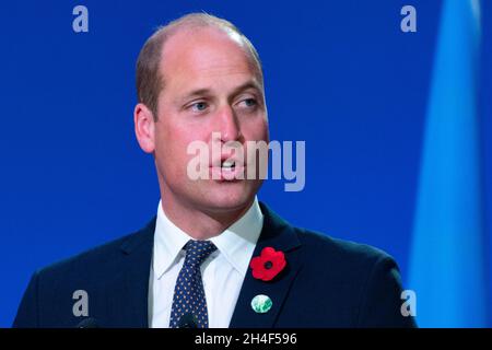 Glasgow, Scotland, UK. 2nd November 2021.  World leaders make climate change speeches at COP26 in Glasgow. They spoke during the World Leaders' Summit 'Accelerating Clean Technology Innovation and Deployment' session on day 3 of the conference. Pic; Prince William, Duke of Cambridge makes his speech reading the Earthshot project and prize. Iain Masterton/Alamy Live News. Stock Photo