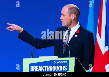 Glasgow, Scotland, UK. 2nd November 2021.  World leaders make climate change speeches at COP26 in Glasgow. They spoke during the World Leaders' Summit 'Accelerating Clean Technology Innovation and Deployment' session on day 3 of the conference. Pic; Prince William, Duke of Cambridge makes his speech reading the Earthshot project and prize. Iain Masterton/Alamy Live News. Stock Photo