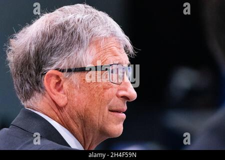 Glasgow, Scotland, UK. 2nd November 2021.  World leaders make climate change speeches at COP26 in Glasgow. They spoke during the World Leaders' Summit 'Accelerating Clean Technology Innovation and Deployment' session on day 3 of the conference. Pic;  Bill Gates listens to the speeches. Iain Masterton/Alamy Live News. Stock Photo