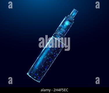 Vaping pen device kit and mod wireframe. Poster template with glowing low poly vaping box. Futuristic modern abstract. Isolated on dark blue backgroun Stock Vector