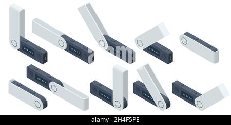 Isometric USB flash drives are hardware wallets. Personal Bitcoin wallet for cryptocurrency, keeps your coins offline and protected. USB drive as cold Stock Vector