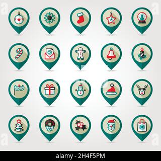 Christmas flat pin map icon set. Map pointer. Map markers. Vector illustration EPS10. Holiday objects collection. Vector illustration Stock Vector