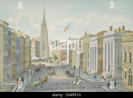 Wall Street, New York City, United States of America in 1847.   From a work by Laurent Deroy after Amos F. Eno. Stock Photo
