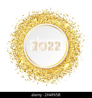 Happy new year 2022 greeting card template. Round gold glitter frame with paper circle and numbers 2022