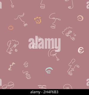 Seamless pattern of abstract shapes, lines, shapes and faces in line art style. Stock Vector