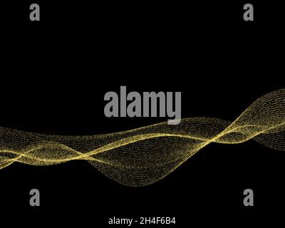 Many shiny gold particles, a sound wave flowing in the dark. Round shiny dots, smooth shiny wave.Vector Stock Vector