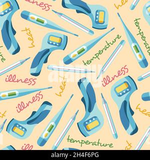 Seamless pattern of Infrared, electric and mercury thermometer, body temperature check in a flat style isolated on a white background Stock Vector