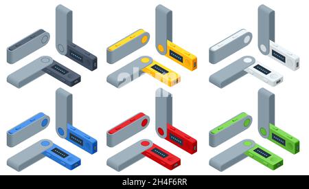 Isometric USB flash drives are hardware wallets. Personal Bitcoin wallet for cryptocurrency, keeps your coins offline and protected. USB drive as cold Stock Vector