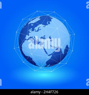 Isometric Data exchange and global network over the world. Contours of continents from shimmering chaotic particles. Science and modern technologies. Stock Vector