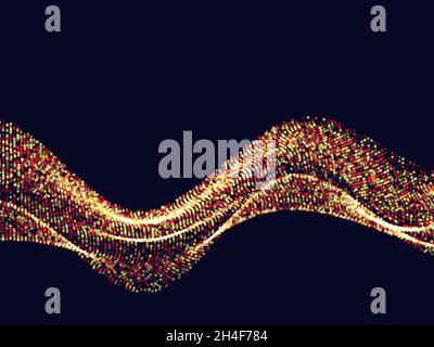 Many shiny gold particles, a sound wave flowing in the dark. Round shiny dots, smooth shiny wave.Vector Stock Vector