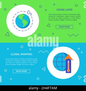 Ecology banner templates with place for text. Global warming and ozone layer protection flyers. Vector illustration. Stock Vector