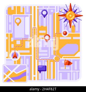 City map background design with markers and flags. Illustration of streets, roads and buildings. Image for geography and cartography, travel and Stock Vector