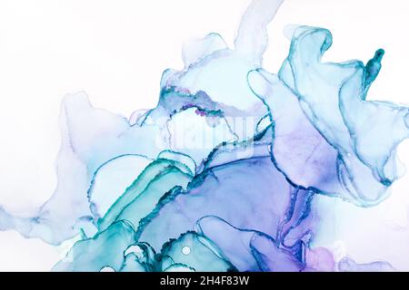 Closeup of mixed turquoise and purple abstract texture on white, trendy wallpaper. Art for design project as background for invitation or greeting car Stock Photo