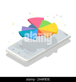 Isometric Futuristic hi tech mobile phone hologram projector. Online statistics and data analytics. Data Analysis, Business Statistic, Management Stock Vector