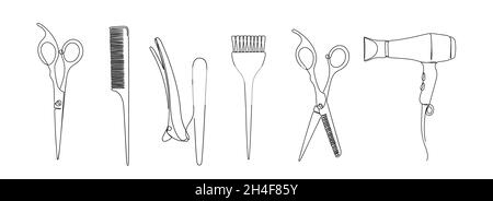 Hairdresser details in a hand drawn linear style. Stock Vector