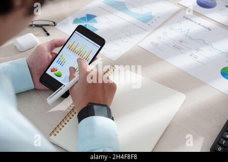 Business person zooming in bar chart on smartphone screen Stock Photo