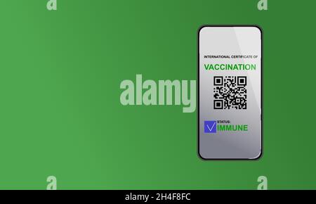 QR code on a smartphone with vaccination mark. Stock Vector