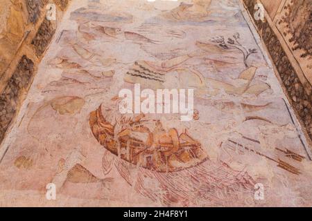 QUSAYR AMRA, JORDAN - APRIL 3, 2017: Frescoes in Qusayr Amra sometimes Quseir Amra or Qasr Amra , one of the desert castles located in eastern Jordan Stock Photo