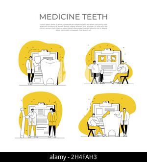 Dentist web banner or landing page set. Dental doctor in uniform treating human teeth using medical equipment. Idea of dental and oral care. Caries Stock Vector