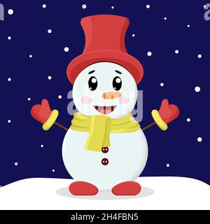 Snowman in hat and mittens rejoices in the snow Stock Vector