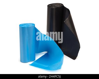 Black and blue Polyethylene Garbage Bags on White Background Stock Photo