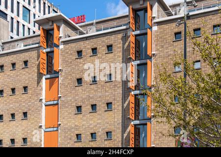 Amsterdam, The Netherlands-May 2021: Close up of part of the facade of Pakhuis de Zwijger, former cold storage warehouse in style of the post war Mode Stock Photo