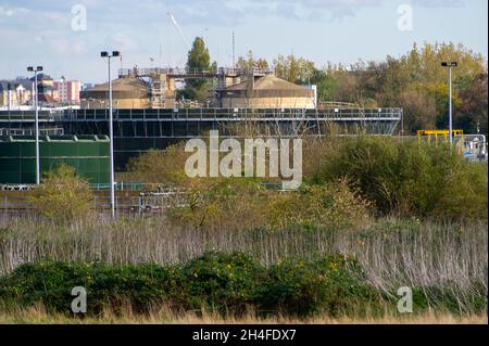 Slough, Berkshire, UK. 2nd November, 2021. Slough Sewage Treatment Works on the banks of the Jubilee River. The Sewage Works are to be upgraded. One of the reasons is to increase the capacity of the sewage works. A new outfall pipeline is to be built below Dorney Common and the Jubilee River meaning Thames Water will be able to discharge 'treated' effluent and storm water directly into the River Thames. Ground investigations have already started. Thames Water were fined £2.3m earlier this year for discharging sewage into the River Thames in Henley in 2016 killing 1,200 fish. Credit: Maureen Mc Stock Photo