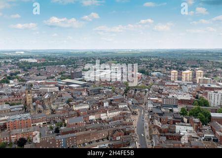 Aerial drone photo of the town centre of Wakefield in West Yorkshire in the UK showing the main city centre from above in the summer time. Stock Photo