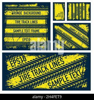 Grunge text tire tracks frames set Stock Vector