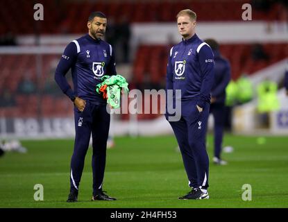 Nottingham Forest assistant manager Steven Reid (left) and assistant first team coach Alan Tate ahead of the Sky Bet Championship match at City Ground, Nottingham. Picture date: Tuesday November 2, 2021. Stock Photo