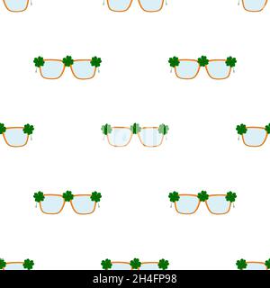 Illustration on theme Irish holiday St Patrick day, seamless eyeglasses. Pattern St Patrick day consisting of many identical eyeglasses on white backg Stock Vector